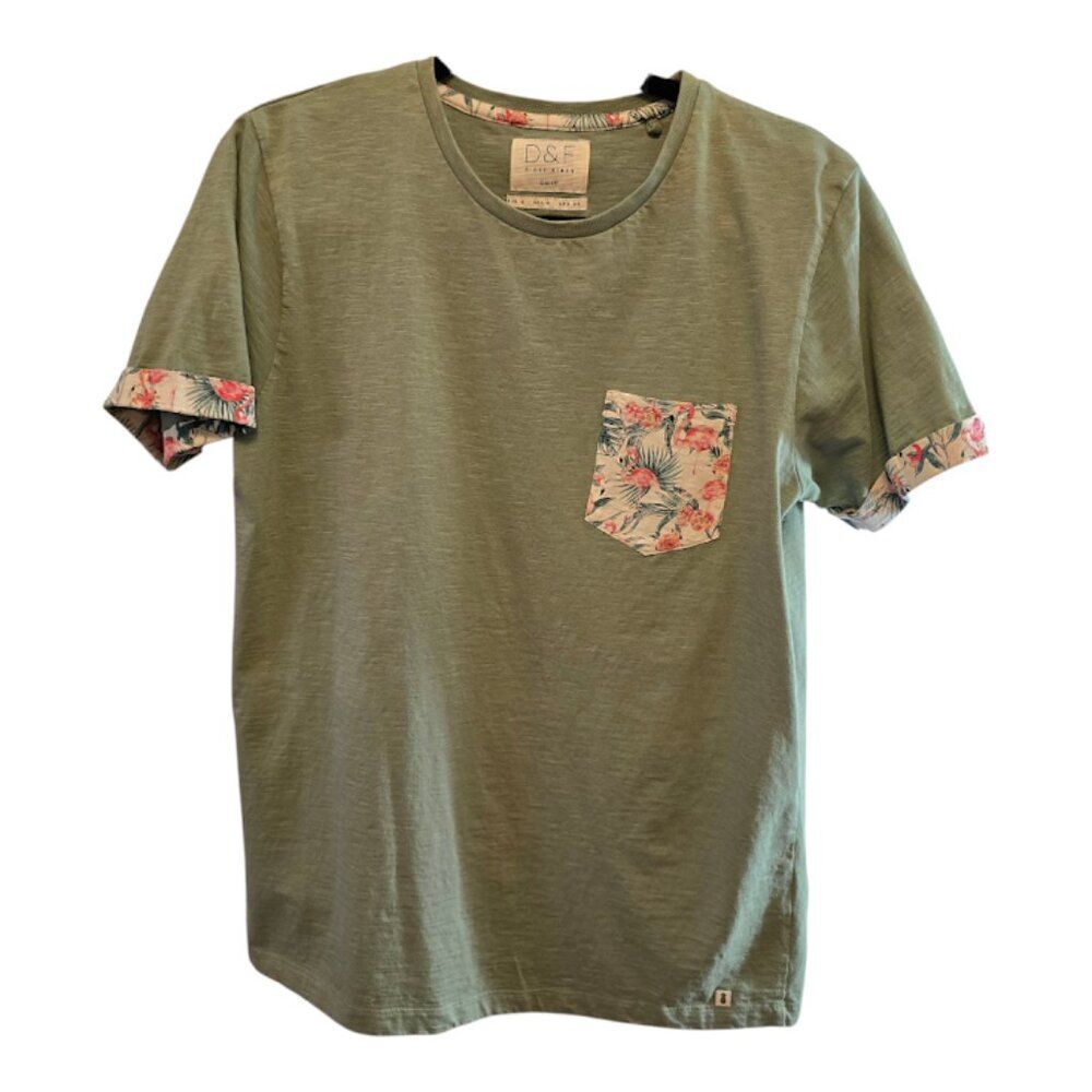 DENIM & FLOWERS FLAMINGO TSHIRT RICKY SINGH SIZE MEDIUM SLIM FIT SAGE GREEN